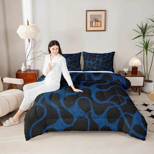 Miniatura 5 de Juego de ropa de cama geométrica azul y negro para niños, niñas, adolescentes, niños, decoración moderna con patrón abstracto, juego de edredón