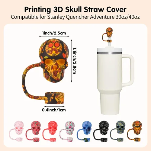Miniatura 2 de Paquete de 8 tapas de pajita con calavera para vaso Stanley de 30 y 40 oz, accesorios para vaso de agua de tumbo, tapa de pajita 3D reutilizable a