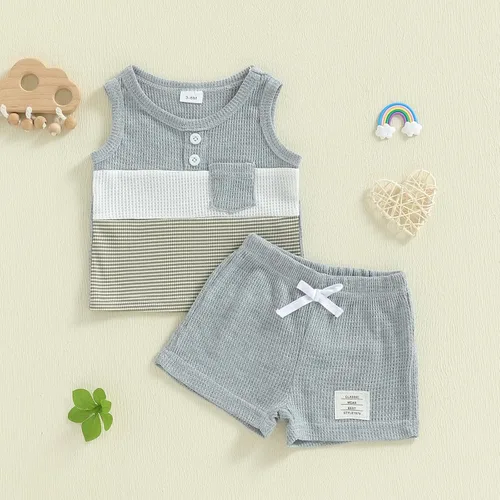 Miniatura 4 de Ropa de bebé niño sin mangas + pantalones cortos con estampado a rayas con bolsillos, 2 piezas de trajes de verano