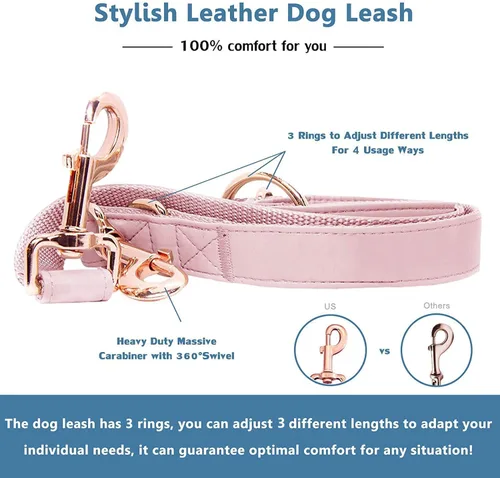 Miniatura 5 de Juego de collar y correa de cuero suave para perro (6.6 pies), elegante hebilla de metal resistente de oro rosa, correa de 4 longitudes ajustables
