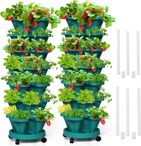 Miniatura 22 de Macetas verticales de fresa, paquete de 2 unidades, torre apilable de 5 niveles con poste de soporte, macetas apilables para hierbas y verduras
