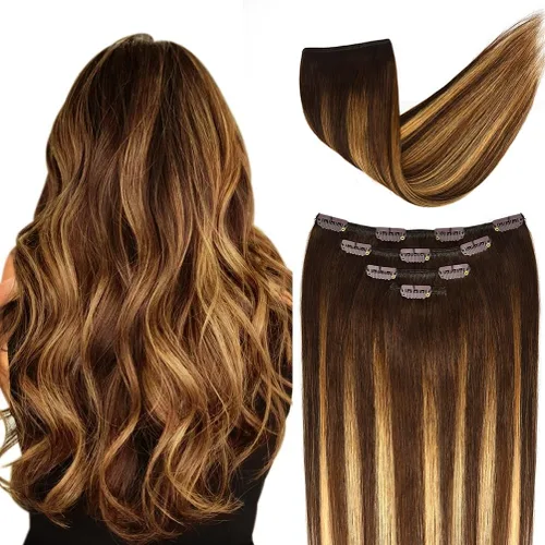 Miniatura 60 de Extensiones de cabello humano Remy de 12 pulgadas con clip para mujer, extensiones de cabello humano sedoso y liso, 1.76 onzas, 4 piezas