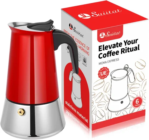 Olla de moka de 6 tazas (300 g) para espresso en cocina, olla de acero inoxidable 304, compatible con inducción, roja Rojo
