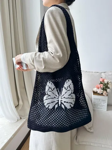 Miniatura 3 de ENBEI Bolsas bohemias, bolsa de punto de hombro, bolsa de mano Y2K estética, bolso de ganchillo lindo para mujeres, regalos hippie Caqui con seis