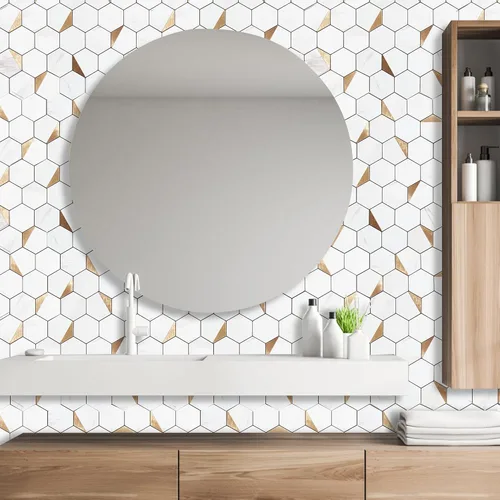 Miniatura 5 de Azulejo de Salpicadero Hexagonal de 20 Hojas Despegar y Pegar, 12x12 pulgadas Carla Blanco Metal Mixto Azulejos de Pared PVC 3D Adhesivos para Carla