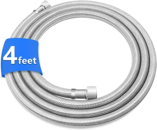 4FT Stainless Steel Braided Water Supply Line for Dishwasher, Brass 3/8 Inch Compression x 3/8 Inch Compression Connections, Food Grade PEX Inner