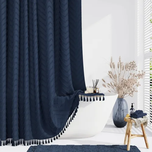 Miniatura 21 de Dynamene - Cortina de ducha de tela bohemia con rayas con chebrón en relieve, juego de cortina angosta para baño, media cortina impermeable