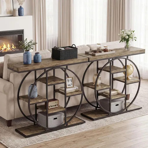 Miniatura 8 de HOMCOM Mesa de entrada, mesa de sofá consola de 39.4 pulgadas con estantes de almacenamiento y marco de acero circular, mesas decorativas de madera