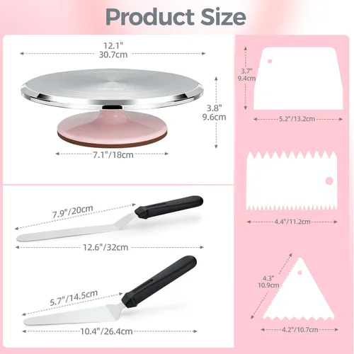 Miniatura 3 de Ohuhu Tocadiscos para tartas, aluminio de 12 pulgadas, kit de decoración de tartas, suministros giratorios, soporte giratorio con 2 espátulas