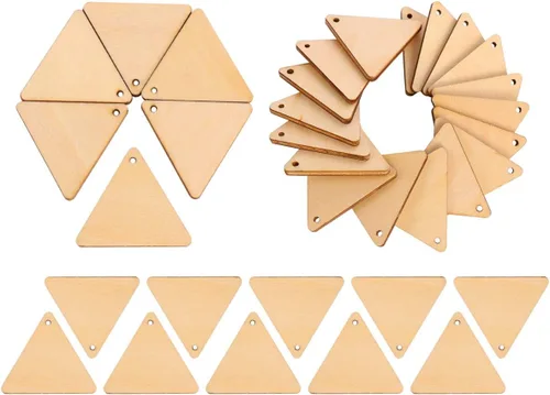 Miniatura 2 de 100 piezas de recortes de madera para manualidades, triángulo, madera, pintura inacabada, piezas de madera, rebanadas con agujero colgante, adornos