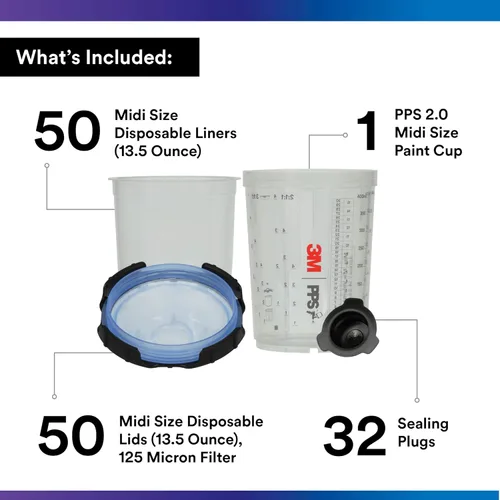 Miniatura 2 de 3M PPS 2.0 Kit de taza, tapas y forros para pistola pulverizadora, 26312, Midi, 13.5 onzas, filtro de 125 micrones, uso para automóviles, muebles