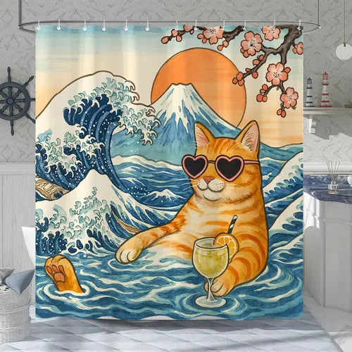 Miniatura 6 de Juego de cortinas de ducha relajadas con diseño de ondas de arte japonés impermeable, cortina de ducha para baño, divertida escena de vacaciones