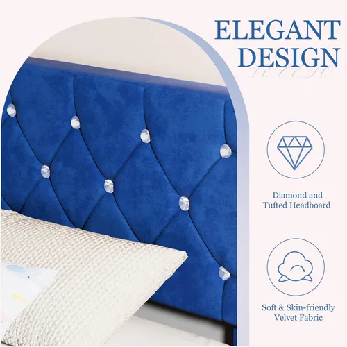 Miniatura 4 de VECELO Base de cama de tamaño individual, plataforma tapizada con cabecera ajustable de diamante, soporte de listones de madera, no necesita somier