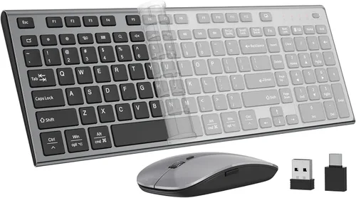 Teclado y mouse inalámbricos, silencioso y silencioso combo de perfil bajo USB C, tamaño completo, compacto con almohadilla numérica plana suave al