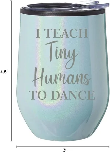 Miniatura 2 de Vaso de vino sin tallo, taza de viaje de café con tapa, regalo I Teach Tiny Humans to Dance Funny Dance Teacher (purpurina azul)