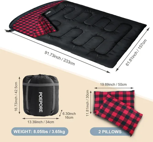 Miniatura 2 de Saco de dormir doble de franela para adultos con 2 almohadas, sacos de dormir para 2 personas, camping, XXL, tamaño Queen, saco de dormir para dos