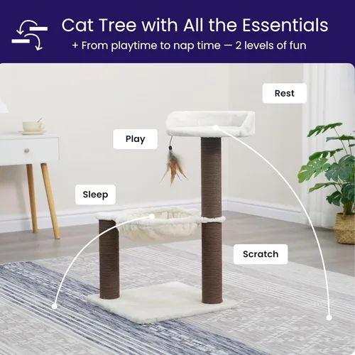 Miniatura 4 de Catry Nirvana Árbol para gatitos de 3 niveles con perca de felpa, hamaca suave y postes rascadores de cuerda de papel, muebles minimalistas