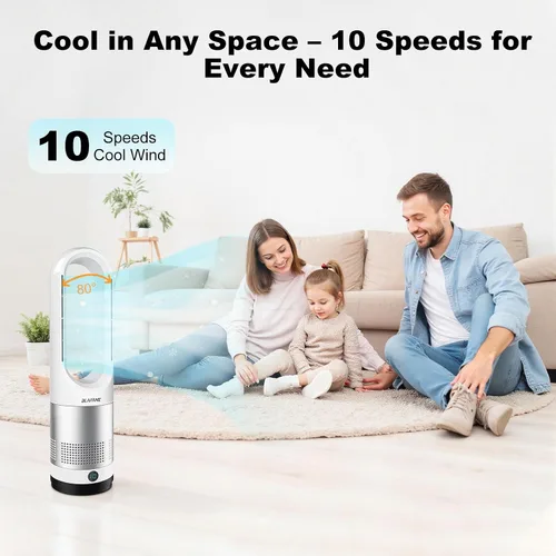Miniatura 4 de Ventilador de torre sin aspas de 22 pulgadas, oscilación de 80°, temporizador de 9 horas, 10 velocidades, control táctil remoto, fácil de limpiar