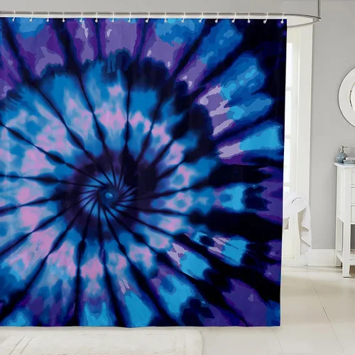 Erosebridal Cortina de ducha de teñido anudado, cortinas de ducha en espiral gitana, hippie y azul, cortina de baño con diseño de remolinos azules y
