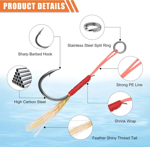 Miniatura 2 de Shaddock Fishing 50 ganchos de asistencia para jigging de agua salada, 6 tamaños (10#, 11#, 12#, 13#, 14#, 15#), plantillas de paso lento, Blanco