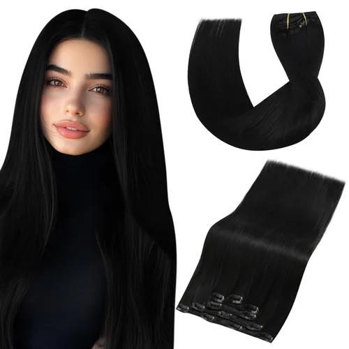 Miniatura 19 de Vivien Extensiones de cabello humano con clip, color negro azabache, extensiones de cabello humano real con pinzas invisibles, doble trama, 14