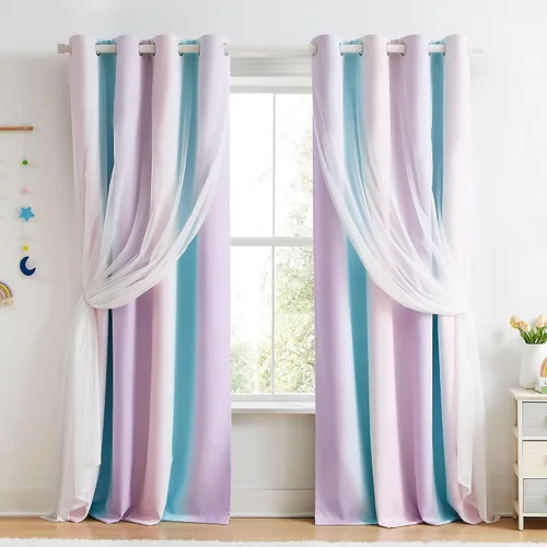 Miniatura 35 de Cortinas 100% opacas con superposición de gasa Mix and Match de doble capa, 54 pulgadas de largo, 2 paneles para dormitorio y sala de estar, azul