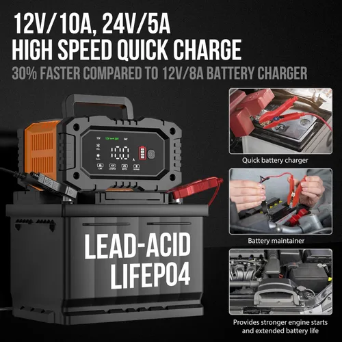 Miniatura 8 de NEXPEAK NC202 Cargador de Batería de 10 Amperios, Cargador de Batería Portátil para Automóvil de 12V 24V LiFePO4 Ácido de Plomo, Cargador por Goteo