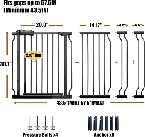 Miniatura 2 de Puertas para bebés extra anchas de 53 a 57.5 pulgadas, puerta grande para bebé, para escaleras, para mascotas, puertas para interiores, para Negro