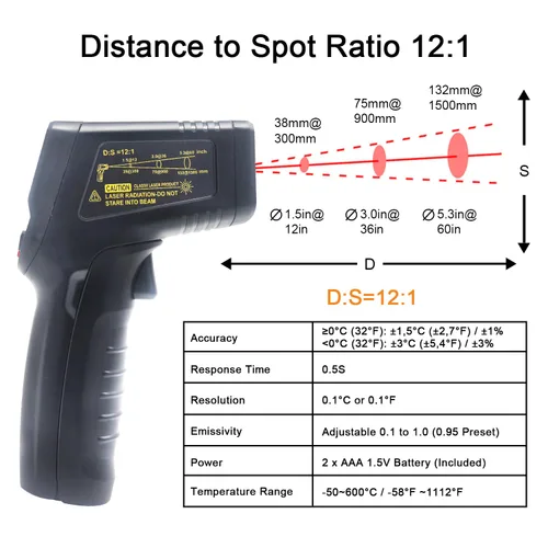 Miniatura 5 de KETOTEK Termómetro infrarrojo sin contacto IR pistola de temperatura láser digital -50℃～600℃ (-58℉～1112℉) Termómetro de emisividad ajustable