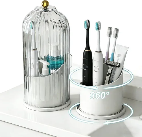 Miniatura 3 de Organizador de cepillos de dientes de baño, organizador de almacenamiento de cepillos de dientes giratorio de 360° con cubierta a prueba de polvo
