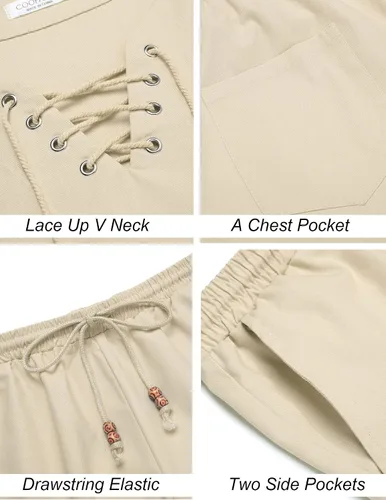 Miniatura 5 de COOFANDY Conjunto de 2 piezas de lino para hombre, camisa Henley con cordones, manga corta, casual, playa, pantalones cortos hippie, trajes de yoga