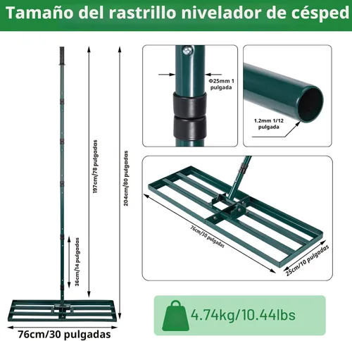 Miniatura 4 de Rastrillo Nivelador de Césped, Nivelador de Césped de Acero Inoxidable con Placa de Base de 30"x10", Mango Largo Ajustable de 78", Herramienta