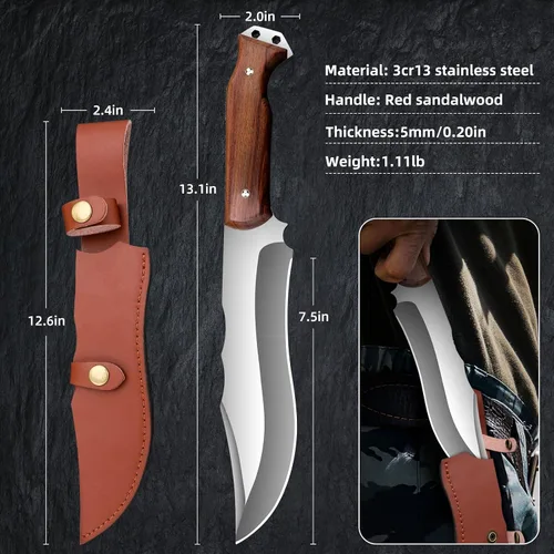 Miniatura 5 de Cuchillo de carnicero resistente con funda, cuchillos de chef, cortador de verduras, machete para cocina, al aire libre, campamento, barbacoa (7.5)