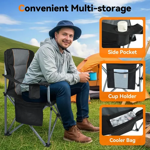 Miniatura 6 de Sillas de campamento, paquete de 2 sillas plegables de gran tamaño resistentes totalmente acolchadas para exteriores con soporte para tazas, bolsa