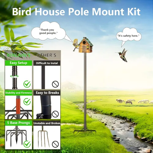 Miniatura 7 de Soporte para comedero de pájaros, poste de 95 pulgadas para pájaros para exteriores, resistente, 5 puntas de base, soporte ajustable para comedero
