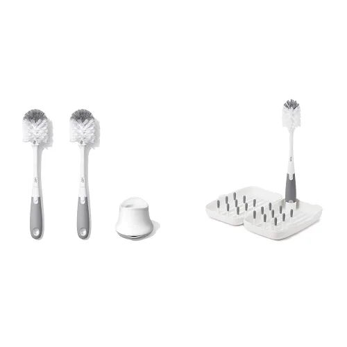 OXO Tot - Cepillo para botellas con limpiador de pezones y soporte, color gris, paquete de 2 y estante de secado Tot tamaño viaje con cepillo para