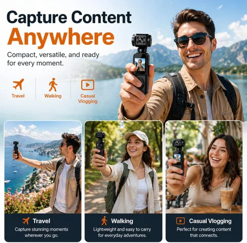 Miniatura 4 de Acuvar Mini cámara de bolsillo 4K con pantalla LCD, cámara de video portátil con WiFi, seguimiento facial, rotación de 270°, tarjeta SD de 64 GB