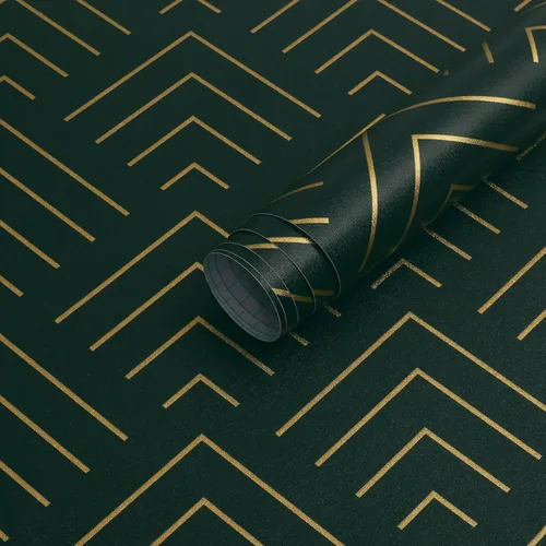 Heroad Papel tapiz autoadhesivo para despegar y pegar, 393 x 17.3 pulgadas, papel tapiz geométrico verde oscuro y dorado, papel adhesivo