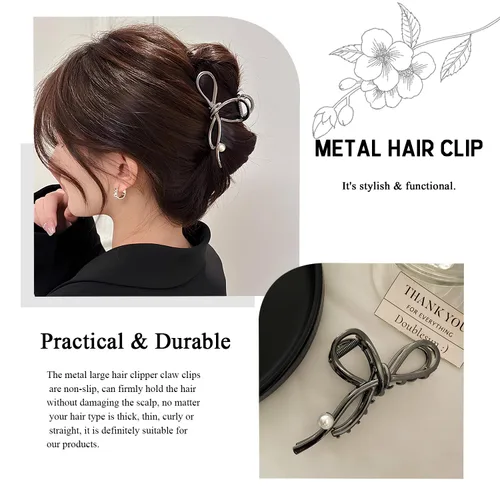 Miniatura 3 de Pinzas de metal negro con diseño de perlas blancas, elegantes horquillas francesas, pinzas de mandíbula negras para cabello grueso y fino, sin