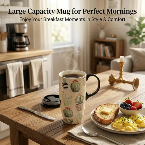 Miniatura 3 de Topadorn Taza de café de cerámica de 17 onzas con tapa, taza de cactus bohemio de acuarela, bonita taza de té de porcelana suculenta, apta