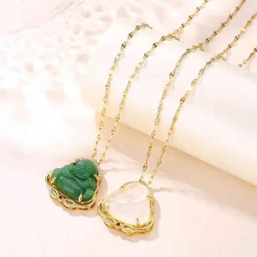 Miniatura 3 de Colgante de Buda sonriente de jade verde, collar de Buda de color dorado, cadena de eslabones de color dorado, collar de amuleto de guanyin