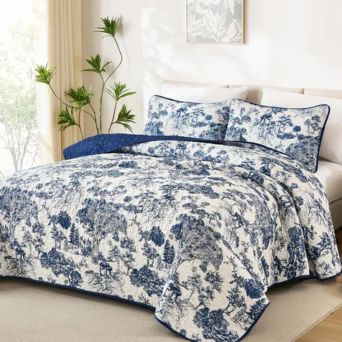 Miniatura 24 de WONGS BEDDING Juego de edredón botánico tamaño Queen, negro, 3 piezas, colcha con estampado floral de plantas Toile, juego de ropa de cama