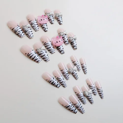 Miniatura 4 de Uñas postizas a presión con estampado de leopardo, lindas uñas postizas con dijes, uñas largas de ataúd, uñas postizas de cobertura completa
