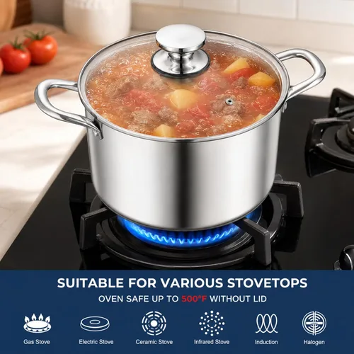 Miniatura 4 de TeamFar Olla de 3.5 cuartos de galón, olla de cocina de pasta de acero inoxidable de tres capas con tapa, tapa de vidrio templado y asas remachadas