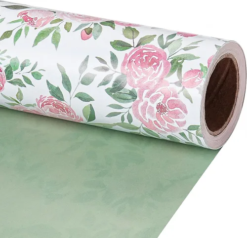 Miniatura 9 de RUSPEPA Papel de regalo reversible floral para niñas y mujeres, mini rollo, acuarela azul floral y azul sólido papel de regalo para cumpleaños, Rosa