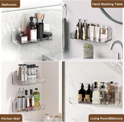 Miniatura 7 de Paquete de 2 estantes de ducha de acrílico, estante de baño transparente adhesivo, organizador de ducha de plástico con cinta autoadhesiva, sin