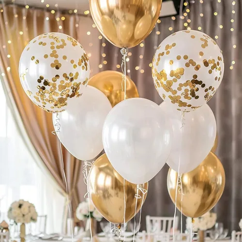 Miniatura 5 de Juego de 50 globos para fiestas, cromo dorado, perla blanca y confeti dorado, globos de látex natural de 12 pulgadas para decoraciones de fiestas