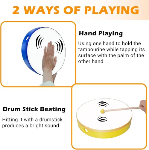 Miniatura 3 de 5 piezas de juego de tambores de mano para niños con marco de madera y baquetas de 12 pulgadas, 10 pulgadas, 8 pulgadas, 6 pulgadas, 4 pulgadas