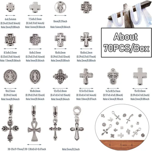 Miniatura 5 de Pandahall - 70 cuentas de cruz de crucifijo de plata antigua, colgantes de cruz de plata tibetana, collar de rosario de metal, cuentas de oración