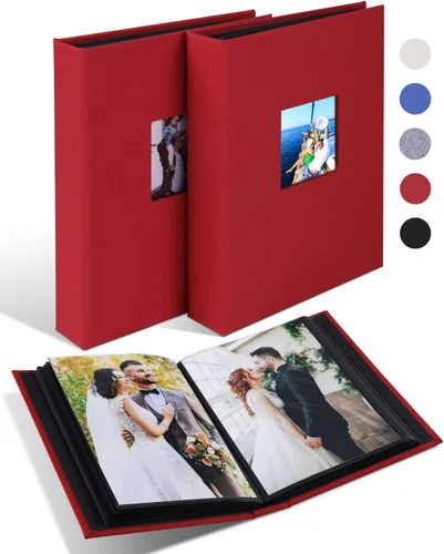 Álbum de fotos pequeño de 5 x 7 pulgadas, paquete de 2 unidades con capacidad para 56 imágenes, cubierta de lino con ventana frontal, bolsillo Rojo